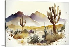 watercolor painting of desert scene with cacti and mountains