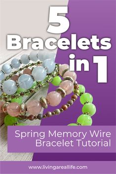 five bracelets in one with green and pink beads on the end, and text that reads 5 bracelets in 1 spring memory wire bracelet