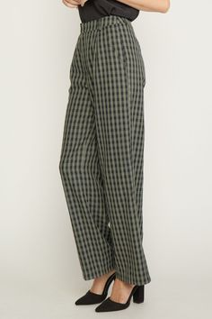 Elevate your style with our Olive Plaid Trousers! These high waisted, wide leg pants feature a playful gingham print and functional pockets. Belt loops and a zipper front closure add convenience and the lining offers comfort for all-day wear. Amp up your work wardrobe with these fun and functional trousers. 75% Polyester 25% Rayon Casual Gingham Wide Leg Bottoms, Casual Wide Leg Gingham Bottoms, Plaid Straight Pants With Relaxed Fit, Plaid Relaxed Fit Straight Pants, Relaxed Fit Plaid Straight Pants, Plaid Wide-leg Pants With Pockets, Wide-leg Plaid Bottoms With Pockets, Casual Plaid Bottoms With Welt Pockets, Gingham Wide Leg Cotton Bottoms