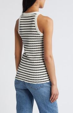 Showcase your toned shoulders in this stretchy, textured-knit tank encircled with zesty stripes. 25" length Crewneck 50% cotton, 43% polyester, 7% spandex Machine wash, dry flat Imported Spring Stretch Textured Knit Tank Top, Spring Textured Knit Stretch Tank Top, Spring Striped Knit Tank Top, Striped Knit Tank Top For Spring, Striped Ribbed Cotton Tank Top, Striped Textured Knit Cotton Top, Chic Striped Fitted Tank Top, Fitted Striped Tops With Tank Straps, Striped Fitted Tops With Tank Straps