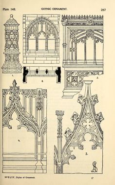 an old book with drawings of architectural details on the front and back pages, including windows