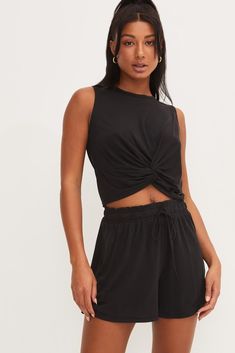 Trina Lounge Shorts in Black – Nell and Rose Lounge Shorts, Loose Shorts, Matching Top, Sleeveless Top, Knot, Short Dresses, Lounge, Relaxed Fit, Womens Shorts