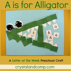 an alligator made out of pieces of paper with the words abc is for alligator on it