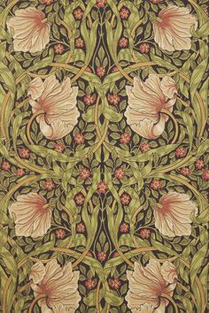 an intricately designed wallpaper with flowers and leaves in green, pink and yellow