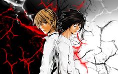 two anime characters standing next to each other in front of a cracked wall with red and black paint