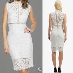 Bardot Lace Panel Dress Women's 10 Orchid White Midi Dress Sweet Sophistication. A Contemporary Reimagining Of The Delicate White Dress, This Style Takes The Classic Shift Silhouette And Overlays It With Intricately Detailed Lace Featuring Floral Motifs And Eyelet Embellishments. Crafted With A High Neckline And Sleeveless Cut Embellished With Raw Scalloped Edging, A High Waist, And Finished In A Knee Length Hemline. Ideal For Cocktail Parties And Date Nights. Au: Model Is 178cm And Wears A Size Orchid White, Lace Panel Dress, Purple Midi Dress, Bardot Dress, White Midi, Panel Dress, Wrap Midi Dress, Black Wrap Dress, Sweet Dress