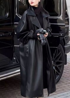 Black Coat Styling, Leather Coat Outfit, Leather Long Jacket, Trend Coat, Winter Coat For Women, Black Leather Trench Coat, Trench Coats Women Long, Coat Fits, Black Trench Coat