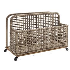 a wicker basket with wheels on an isolated white background for use as a storage unit