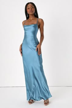 Inspire Romance Slate Blue Satin Cowl Neck Lace-Up Maxi Dress Silk Prom Dress, Blue Satin Dress, Column Skirt, Prom Inspo, Blue Dress Formal, Prom Dress Inspiration, Cute Prom Dresses, Pretty Prom Dresses, Maxi Dress Wedding