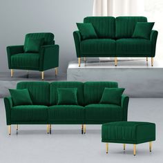 three green couches with gold legs and footstools