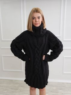 "Perfect for work or evening events, this black turtleneck wool sweater is a classic piece to go with anything in your closet. The chunky knit and slightly oversize loose fit has 2 layers of high quality wool that's made for comfort and good visual look. DETAILS - The sweater has 2 layers of wool - Made from 100% high quality wool - The sweater is knitted with 76 oz (1900g) of high quality premium mohair - The model is 170 cm tall (regular S) - The sweater on picture is size 3XL - As mostly all Oversized Acrylic Turtleneck Outerwear, Oversized Turtleneck Outerwear, Oversized Long Sleeve Turtleneck For Cold Weather, Oversized Long Sleeve Turtleneck For Winter, Casual Wool Sweater Dress For Winter, Oversized Cable Knit Turtleneck For Fall, Oversized High Neck Turtleneck For Winter, Oversized Cable Knit Turtleneck Cardigan, Oversized Turtleneck Cable Knit Cardigan