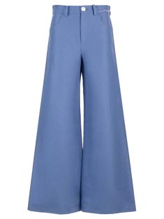 5-pocket wide-leg trousers from Marni, in opal blue cotton drill, with high waist and strap with embroidered MARNI signature, front and back pockets, front zip and button. Standard fit. Modern High Waist Blue Pants, Modern Blue High-waist Pants, Modern Blue Spring Pants, Modern Blue Bottoms With Five Pockets, Modern Wide Leg Blue Pants, Modern Blue Wide Leg Pants, Modern Blue Pants With Belt Loops, Modern Wide Leg Blue Bottoms, Modern Blue Wide-leg Pants