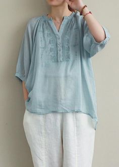 Bohemian v neck Button Down linen summer Shirts blue embroidery blouses< Materials used: cotton linenMeasurement:One size fits all for this item. Please make sure your size doesn't exceed this size: BUST-126cm bust 126cm / 49.14"length front 59cm / 23.01"length back 68cm / 26.52"Sleeve length 41cm / 15.99"Cuff 32cm / 12.48"We ship worldwide.Tracking numbers provided for all orders. Spring V-neck Blouse With Chikankari Embroidery, Summer V-neck Blouse With Floral Embroidery, Summer V-neck Blouse With Chikankari Embroidery, Casual Blue Embroidered V-neck Top, Spring V-neck Chikankari Embroidered Top, Spring Linen Top With Chikankari Embroidery, Summer Long Sleeve Linen Embroidered Top, Summer Long Sleeve Embroidered Linen Top, Blue Linen V-neck Blouse