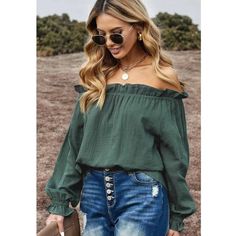 Lovely Ruffled Trim Off The Shoulder Blouse. Lightweight Woven Fabric Shapes This Top With A Ruffled Trim Off The Shoulder Neckline, Loose Long Sleeves With Elasticized Ruffled Cuffs, A Relaxed Bodice Ends In A Wide Cut Hem. Casual Off-shoulder Blouse With Ruffles, Casual Off-shoulder Ruffle Tops, Trendy Off-shoulder Ruffled Blouse, Off-shoulder Ruffle Blouse For Brunch, Trendy Off-shoulder Blouse With Ruffles, Summer Off-shoulder Top With Ruffle Hem, Off-shoulder Tops With Ruffle Hem For Summer, Off-shoulder Top With Ruffle Hem For Summer, Flowy Peasant Top With Ruffles