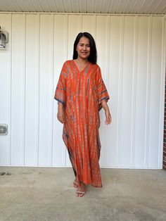 MALA handworks iynta Kaftan in Orange and Blue Tie Dye Long Batik Print Kaftan For Spring, Long Kaftan With Batik Print For Spring, Long Spring Kaftan With Batik Print, Bohemian Rayon Kaftan For Beach Cover-up, Bohemian Rayon Kaftan For Beach, Beach Tunic Kaftan In Rayon, Long Bohemian Rayon Kaftan, Flowy Tie Dye Kaftan Tunic, Flowy Tie-dye Tunic Kaftan