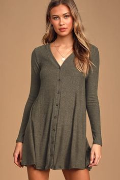 Dresses for Women | Best Women's Dresses Online Holiday Loungewear, Backless Sweater, Essential Sweater, Olive Green Dress, Olive Green Dresses, Button Sweater, Fitted Sleeves, Short Cocktail Dress, Comfy Dresses