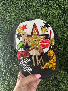 Star Lil' bougie Custom Trucker Hat Black and white tiger cherries Casual White Trucker Hat For Party, Trendy White Mini Hat For Party, Socks And Jeans, Custom Trucker Hats, Diy Clothes Design, Diy Hat, Small Business Ideas, Custom Hats, Diy Custom