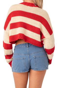 Dropped shoulders bring a relaxed vibe to this cropped pullover sweater knit in a textural stitch with bold stripes. Crewneck Long sleeves 100% acrylic Machine wash, dry flat Imported Striped Knit Cropped Sweater For Winter, Striped Cropped Sweater For Winter, Striped Cropped Winter Sweater, Trendy Cropped Striped Sweater, Casual Striped Knit Cropped Sweater, Casual Striped Long Sleeve Cropped Sweater, Red Long Sleeve Cropped Sweater, Striped Cropped Sweater, Multicolor Knit Cropped Sweater