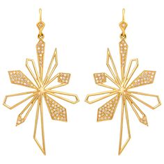 Sunburst Earrings in 18k yellow matte gold with .64 carats of diamonds. Festive enough for any dressy occasion, but also fabulous with jeans, these earrings will get noticed and will get compliments! Extremely lightweight. Great for customers who want a big look but don't like heavy earrings. 18kt Gold Jewelry, Gold Star Pendant, Gold Galaxy, Gold Star Earrings, Galaxy Earrings, Gold Sunburst, Gold Statement Earrings, Jewelry Metal, Statement Drop Earrings