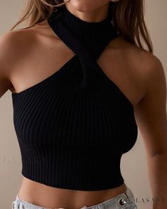 Lasaky - Sivio Elegantly Twisted Vest: Sophisticated, Sleek, Backless Halter Neck Top with a Slim-fit Design Halter Vest, Backless Halter Top, Halter Neck Crop Top, Summer Basics, Halter Tank Top, Streetwear Summer, Halter Tank, Halter Neck Top, Vest Fashion