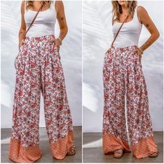 Boho Floral Print Pocket Wide Leg Palazzo Pants S M L Xl, 100% Viscose, Ships In 7-8 Days Bohemian Printed Loungewear Bottoms, Pink Printed Wide Leg Bottoms, Pink Wide Leg Printed Bottoms, Pink Printed Wide-leg Bottoms, Casual Boho Print Pants, Bohemian Floral Print Bottoms For Loungewear, Summer Floral Print Pink Wide Leg Pants, Bohemian Floral Print Loungewear Bottoms, Pink Wide Leg Printed Pants