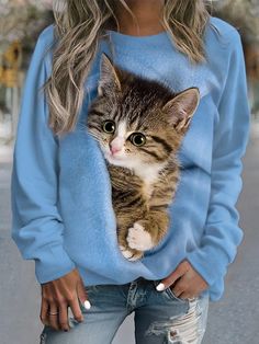 Casual Street Style Women's Cat Print Sweatshirt Pullover Fitted Casual Sweatshirt For Spring, Blue Casual Stretch Sweatshirt, Blue Stretch Sweatshirt For Spring, Blue Stretch Casual Sweatshirt, Casual Blue Stretch Sweatshirt, Casual Stretch Blue Sweatshirt, Fitted Casual Sweatshirt, Trendy Blue Sweatshirt With Pockets, Casual Spring Sweatshirt With Pockets