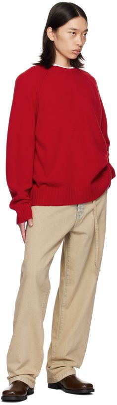 Knit wool- and cashmere-blend sweater. Pinched seams throughout. · Rib knit crewneck, hem, and cuffs · Raglan sleeves Supplier color: Bright red Mens Raglan, Raglan Sleeve Sweater, Sleeves Sweater, Raglan Sweater, White Crewneck, Roll Neck Sweater, Cashmere Blend Sweater, Half Zip Sweaters, Embroidered Sweater