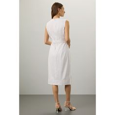 Off-white striped (Shell: 53% Linen, 45% Viscose, 2% Elastane; Lining: 100% Cotton). Casual dress. Sleeveless. V-neck. Back zipper closure. 43" from shoulder to hemline. Imported. Striped V-neck Midi Dress For Daywear, Elegant Striped Midi Dress For Daywear, Spring Office Striped Dresses, White Midi Length V-neck Dress For Work, White V-neck Midi Dress For Work, Sleeveless White Dress With Vertical Stripes, White Sleeveless Dress With Vertical Stripes, Striped V-neck Midi Dress For Work, White Midi Dress With Vertical Stripes For Summer