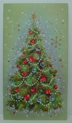 a painting of a christmas tree with ornaments on it