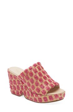 A chunky wedge and platform deliver commanding height in this comfortable slide lined with a whimsical floral print. 3 3/4" heel; 1 1/2" platform (size 8.5) Leather upper and lining/synthetic sole Imported Chunky Wedges, Woven Raffia, Sandals For Women, Slide Sandals, Wedge Heels, Wedge Sandals, Heeled Mules, Pink Floral, Shoes Women Heels