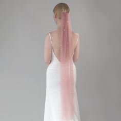 Blush pink pearl wedding veil for a modern yet romantic bride. Soft blush pink/old rose tone tulle, beaded with beautiful white irregular sized pearls. Single tier cut edge bridal veil. Veil color is rose pink, beaded with pearls all over. With it's subtle tone, it will be a romantic touch to any bridal look. Veil is made from soft rose pink color tulle, that drapes beautifully and is extremely pleasant to touch. Pearls are are scattered all over the veil consistently. High quality white plastic Pink Wedding Veil, Wedding Veil With Pearls, Shoulder Length Veil, Veil With Pearls, Veil Color, Floor Length Veil, Fingertip Length Veil, Elbow Length Veil, Chapel Length Veil