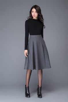 Gray wool skirt winter skirt womens skirt midi skirt gray | Etsy Winter Office Skirt With Pockets, Winter Workwear Skirt With Pockets, Winter Knee-length Lined Pleated Skirt, Office Wool Skirt In Black, Winter Office Midi Skirt, Winter Skirt With Pockets, Wool Pleated Office Skirt, Gray Knee-length Fall Skirt, Winter Office Knee-length Skirt