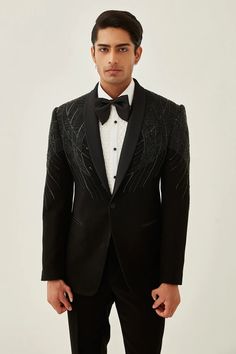 Designer Menswear Tuxedo For Men Color-Black Colors can be customized as per clients needs as well FABRIC ALL SEASON SUITING MATERIAL PATTERN EMBROIDERED CARE DRY CLEAN ONLY ITEMS INCLUDED SHIRT, JACKET, PANTS, BOW SHOE NOT INCLUDED, ALTHOUGH CAN BE CUSTOMIZED IF THE CLIENT NEEDS (DROP US A MESSAGE IN CASE THERE IS ANY CONFUSION IN THE MEASUREMENTS) Bow Suits For Men, Fancy Tuxedo For Men, Embroidered Fitted Suit For Groom, Embroidered Fitted Suits For Groom, Tailored Embroidered Tuxedo For Groom, Embroidered Tuxedo Blazer For Semi-formal Occasions, Formal Embroidered Suit With Notch Lapel, Formal Embroidered Suits With Notch Lapel, Embroidered Notch Lapel Suit For Formal Occasions