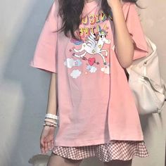 Korean Oversized Shirt, Tshirt And Skirt, Sweater Skirt Outfit, Swag Dress, Unicorn Tee, Big Tshirt, Women's Uniforms, Horse Shirt, Kawaii Fashion Outfits