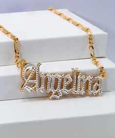 (1) Double Plated Gothic Name Necklace with Figaro Chain – stellaandjules.com Luxury Personalized Cuban Link Jewelry, Luxury Diamond Figaro Chain Jewelry, Luxury Diamond Jewelry With Figaro Chain, Figaro Chain Nameplate Jewelry For Anniversary, Personalized Cuban Link Diamond Necklaces, Personalized Diamond Cuban Link Necklace, Luxury Figaro Chain Pendant Jewelry, Silver Diamond Cut Gold-plated Necklace, Personalized Cuban Link Diamond Jewelry