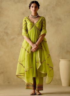 Neon Green Silk Anarkali Palazzo Set Varun Chhabra - Fabilicious Fashion Floral Anarkali, Green Anarkali, Maharani Designer Boutique, Silk Anarkali, Palazzo Set, Designer Kurtis, Designer Dresses Casual, Boutique Dress Designs, Party Wear Indian Dresses