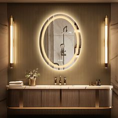 a bathroom with a round mirror above the sink and lights on the wall behind it