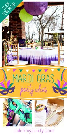 mardi gras party ideas with purple, green and yellow decorations on the table