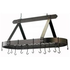 a metal rack with hooks hanging from it's sides and two handles on each side