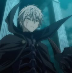 an anime character with white hair and black clothes