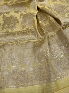 Gorgeous cotton silk pale yellow Banarsi dupatta with beautiful rose motifs in gold zari. Gold Anarkali Tussar Silk Traditional Wear, Gold Anarkali Traditional Wear In Tussar Silk, Gold Tussar Silk Traditional Wear With Dupatta, Unstitched Gold Raw Silk Traditional Wear, Unstitched Gold Banarasi Silk Traditional Wear, Gold Tussar Silk Dupatta With Zari Work, Unstitched Gold Tussar Silk Traditional Wear, Gold Semi-stitched Banarasi Silk Traditional Wear, Unstitched Gold Traditional Wear With Cutdana