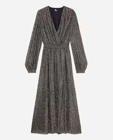 Long silver dress | The Kooples - US Chic Gray V-neck Maxi Dress, Winter Evening Maxi Dress With V-neck, Elegant Long V-neck Party Dress, Luxury Long Sleeve Holiday Dresses, Formal Long Dress For Winter, Long Winter Dress For Formal Occasions, Luxury Fall Gala Dresses, Elegant Winter Gala Dresses, Luxury Floor-length Fall Dresses