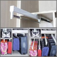 several pictures of clothes and ties hanging on the wall in front of a closet door