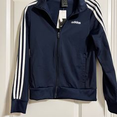 Adidas Athletic Jacket, Xs, Nwt Blue Three Stripes Track Jacket For Fall, Blue Hooded Outerwear With Three Stripes, Hooded Outerwear With Three Stripes For Fall, Adidas Three Stripes Fall Outerwear, Adidas Outerwear With Three Stripes For Fall, Fitted Outerwear With Three Stripes For Fall, Fitted Three Stripes Outerwear For Fall, Fitted Long Sleeve Outerwear With Three Stripes, Casual Navy Track Jacket