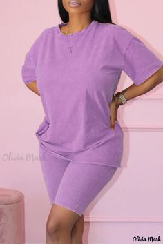 Olivia Mark - Stylish Womens Royal Blue Casual Solid O Neck Short Sleeve Two-Piece Ensemble Casual Plain Short Sleeve Sets, Purple Fashion Casual, Purple Two Piece, Two Piece Short Set, Khaki Fashion, Orange Fashion, Yellow Fashion, Purple Fashion, Casual Sets