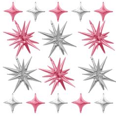 red and silver starbursts are arranged in the shape of an eight pointed star