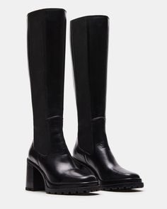 ALESTI Black Leather Square Toe Knee High Boot | Women's Boots – Steve Madden Mid Length Black Boots, Steve Madden High Boots, Wide Calf Knee-high Platform Boots With Lug Sole, Knee-high Platform Boots With Wide Calf And Lug Sole, Knee-high Platform Boots With Lug Sole For Work, Knee-high Heeled Boots With Lug Sole, Knee-high Boots With Lug Sole, Medium Width Knee-high Boots With Lug Sole, Leather Platform Knee-high Boots