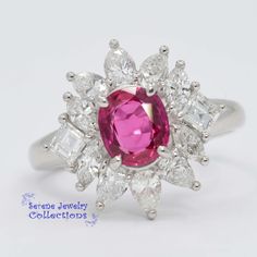 Beautiful pinkish red ruby set in platinum and adorned in many sparkling marquise diamonds! Ring Size: 6.5 Total Weight: 6.93 grams Precious Metal: Platinum Precious stones: -Ruby gemstone: 1.15 carats, 6.5mmx5.7mm -Diamonds total weight: 1.19 carats Hallmark: Pt900 115 D1.19 Ruby Set, Pinkish Red, Diamonds Ring, Marquise Diamond, Ruby Diamond, Ruby Gemstone, Red Ruby, Vintage Ring, Precious Metal