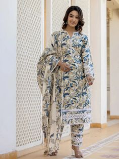 Beige, Blue & White Cotton Leaf Print Straight Shape Pakistani Style Suit Set with Voile Dupatta Off-white Straight Kurta Salwar Kameez With Printed Motifs, Unstitched Cream Kurta With Printed Motifs, Off White Cotton Kurta With Printed Motifs, Anarkali Sets With Printed Motifs In Cream, Off White Salwar Kameez With Printed Motifs For Eid, Off White Cotton Dupatta With Printed Motifs, Eid Salwar Kameez In Off White With Printed Motifs, Traditional Cream Sets With Floral Print, Traditional Cream Floral Print Sets