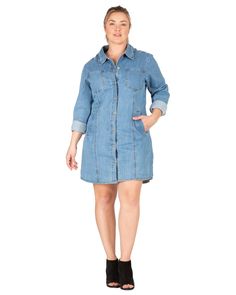 Rock this plus-size dress with your favorite knee-high boots and leather clutch to your next outdoor event. Fall Mini Denim Dress With Button Closure, Fall Denim Dress With Button Closure, Casual Button-up Mini Dress In Medium Wash, Knee-length Denim Dress With Buttons In Relaxed Fit, Medium Wash Mini Dress For Fall, Knee-length Denim Dress With Button Closure And Relaxed Fit, Knee-length Denim Dress With Button Closure, Relaxed Fit, Relaxed Fit Knee-length Denim Dress With Buttons, Casual Medium Wash Button-up Mini Dress